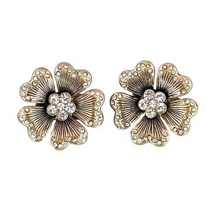 New Boutique Earrings Floral Crystal Wear As Pierced or Clip On Gold Tone  1B